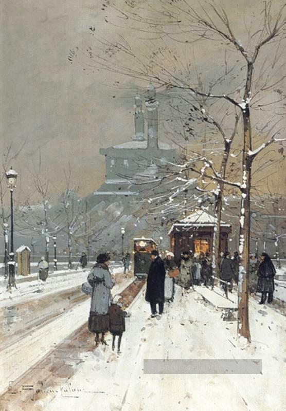 FIGURES dans la neige Paris parisien gouache Eugène Galien Laloue Peintures à l'huile